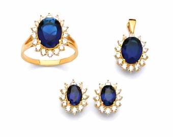 14K Gold  Oval Blue Sapphire CZ Collection , Real Gold , For women's Gift and Anniversary Gift , Pendant , Earring, Ring Sold Separately
