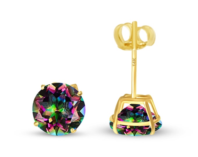 14K Real Gold Solitaire Round Cut  Mystic Topaz CZ's Push Backing Earring with 4 Prong 3 mm - 6 mm  Men's Women