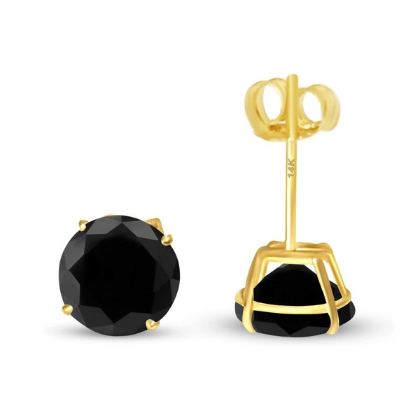 14K Real Gold Solitaire Round Cut Black Push Backing Earring with 4 Prong 3 mm - 8 mm Optional  Push or Screw Backing available Men's Women