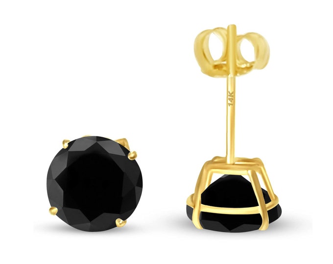14K Real Gold Solitaire Round Cut Black Push Backing Earring with 4 Prong 3 mm - 8 mm Optional  Push or Screw Backing available Men's Women