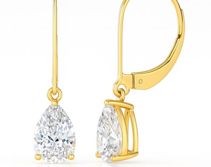 Moissanite 14K Solid Gold Earring Lever Backing Pear Cut sold 1 pair.
