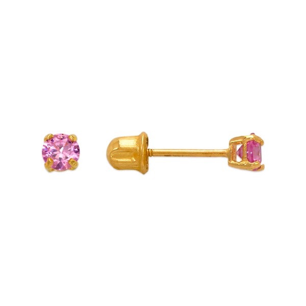 Natural Pink Topaz 14K Real Yellow Gold Light Weight Gold sold in 1 Pair Round Solitaire Pink Topaz Natural Birthstone  Earrings stud.