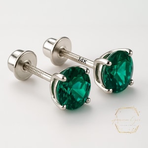 Lab Emerald 14K Real Yellow Gold Light Weight Gold sold in 1 Pair Round Solitaire Lab Emerald   Earrings stud.