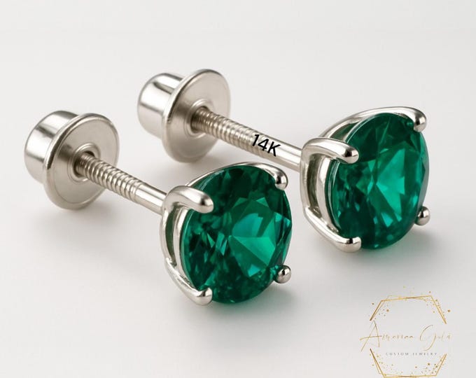 Lab Emerald 14K Real Yellow Gold Light Weight Gold sold in 1 Pair Round Solitaire Lab Emerald   Earrings stud.