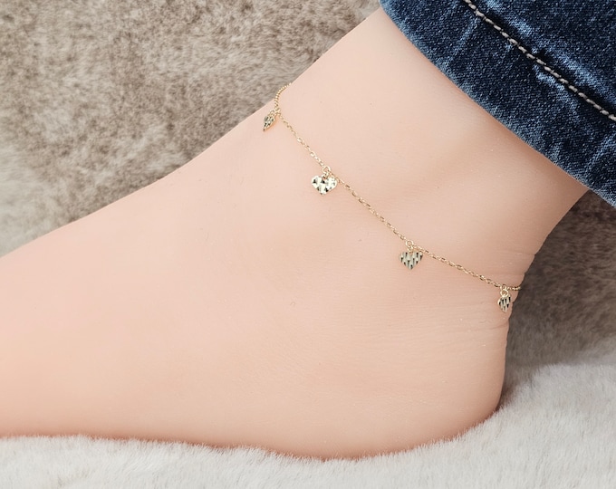 Anklet 14K Yellow Gold with Heart Diamond Cut charm design Rolo Chain 9+ 1 inches extension Real 14K Gold ankle Bracelet