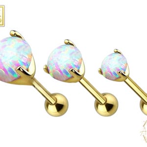 16GA 14 Karat. Solid Prong Set Opal Top 14K Yellow Gold Cartilage/Tragus Barbell 16 GA with Post Length 6mm 1/4" inch Sold 1 piece Piercing.