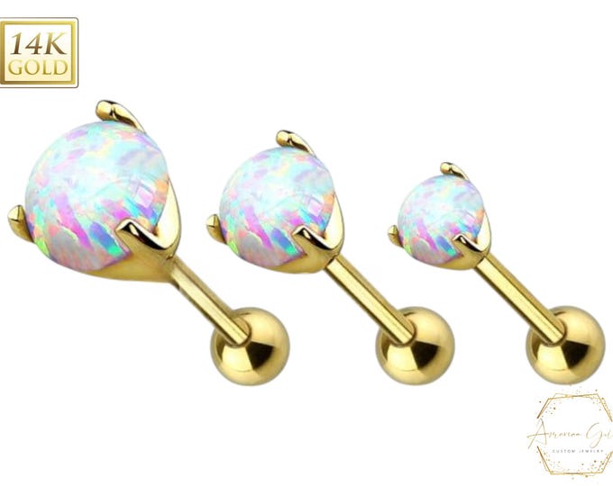 16GA 14 Karat. Solid Prong Set Opal Top 14K Yellow Gold Cartilage/Tragus Barbell 16 GA with Post Length 6mm 1/4" inch Sold 1 piece Piercing.