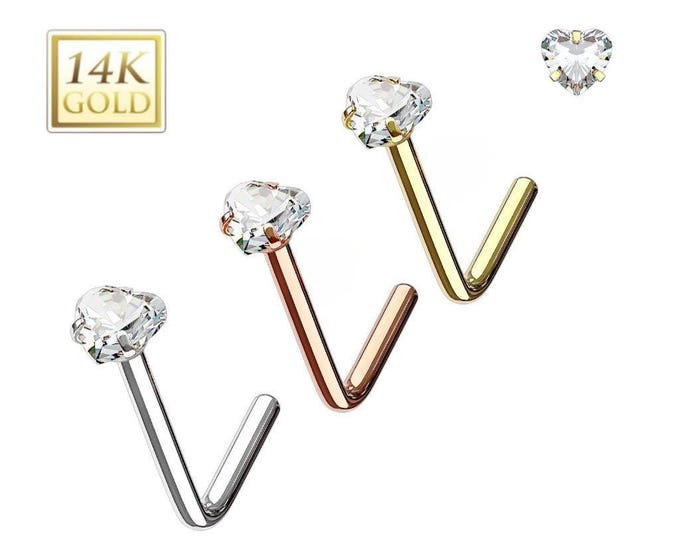 14K Solid Gold , L Shape Nose Stud, Natural Gemstone , Nose Stud 20 GA 2.00mm-3.50mm Heart Cut Nose Stud 20GA