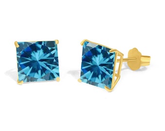 14K Solid Yellow Gold Princess Square Cut Birthstone Colors Earring with 4 Prong Setting Butterfly Push Back.