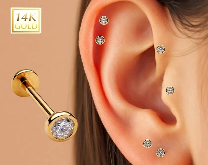 14K Gold Internally Threaded Labret, Flat Back Stud With Bezel Cubic Zirconia Top Sold 1 piece 20GA , Select your stone.