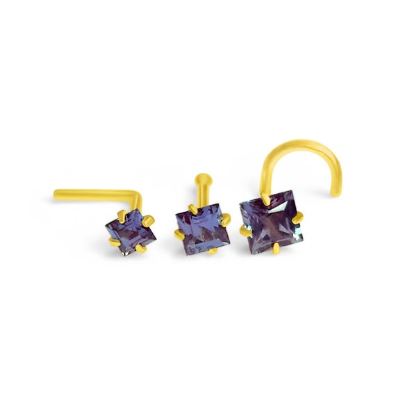LAB Alexandrite Princess Cut  14K Solid gold Nose Ring In Ball End, L-Shaped or Twisted Crooked Screw, 20 GA Real