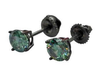 Blue Cyan Moissanite VVS1 Sterling Silver Round with Black Rhodium Black Stud Screw or Push Backing Thicker post Stud Earring 1 pair.