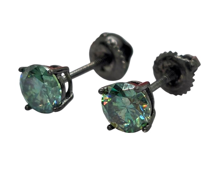 Blue Cyan Moissanite VVS1 Sterling Silver Round with Black Rhodium Black Stud Screw or Push Backing Thicker post Stud Earring 1 pair.
