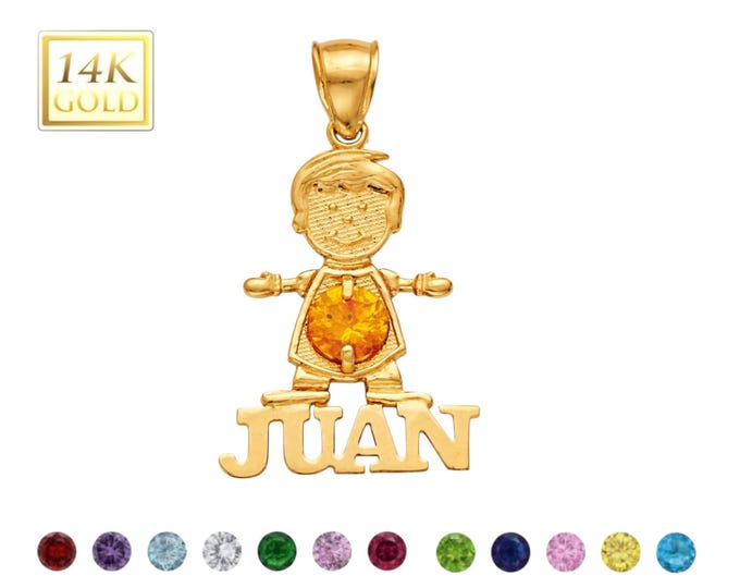 Boy Pendant Name 14K Yellow gold with Birthstone Colors, Birthday gift, girl , charm, initial.