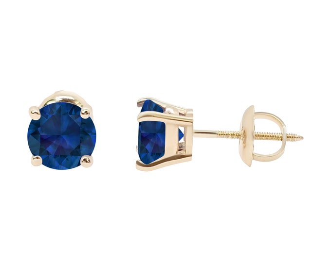 Blue Sapphire 14K Real Yellow Gold Heavier Weight Gold sold in 1 Pair Round Solitaire Heavy Solid Gold Earrings stud