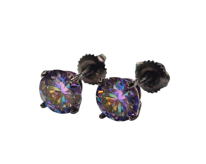 Rainbow 7 Mystic Color Sterling Silver Round with Black Rhodium Black Stud Screw or Push Backing Thicker post Stud Earring 1 pair.