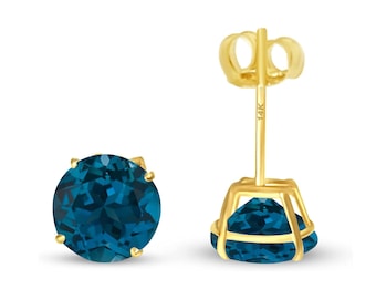 London Blue Topaz 14K Real Yellow Gold Light Weight Gold Push Backing sold in 1 Pair Round Solitaire December Birthstone Earrings stud.