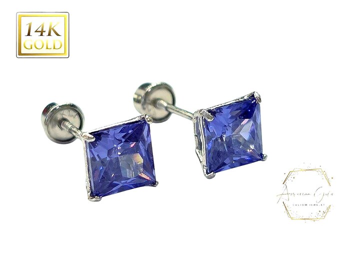 Tanzanite 14K Real Yellow Gold Light Weight Gold sold in 1 Pair Princess Cut Optional of Cubic Zircon  Tanzanite