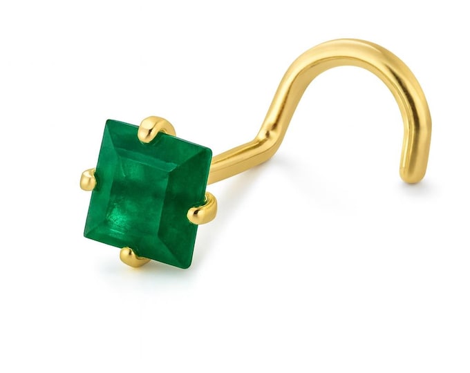 Princess Cut Shape Emerald 14K Gold Nose Ring 20GA , optional gemstone , Post length 6mm, Nostril Stud , Nose Ring, Nose Emerald gemstone.