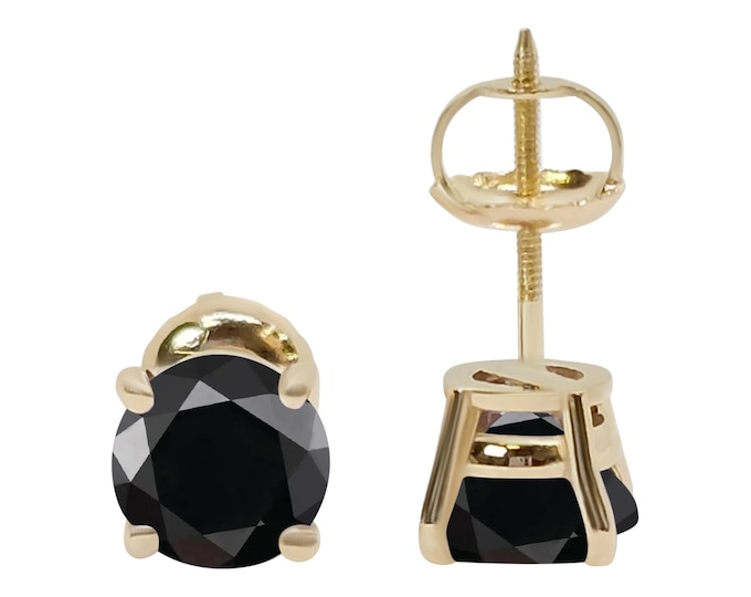 Black Moissanite 14K Real Yellow Gold Heavier Weight Gold sold in 1 Pair Round Solitaire Moissanite Earrings stud.
