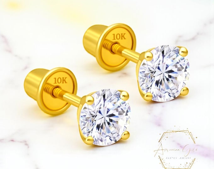 10K Yellow Gold Thin Post 22 GA Solitaire Round Cut Earring with 4 Prong Setting 3mm 4mm 5mm 6mm 7mm 8mm Option of CZ or Moissanite.