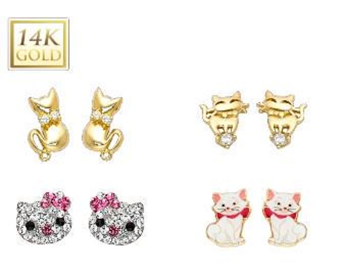 Cat 7x9mm 14K Gold earring screw baby backing  For kids Jewelry sold 1 pair Earrings Stud NEW!!!