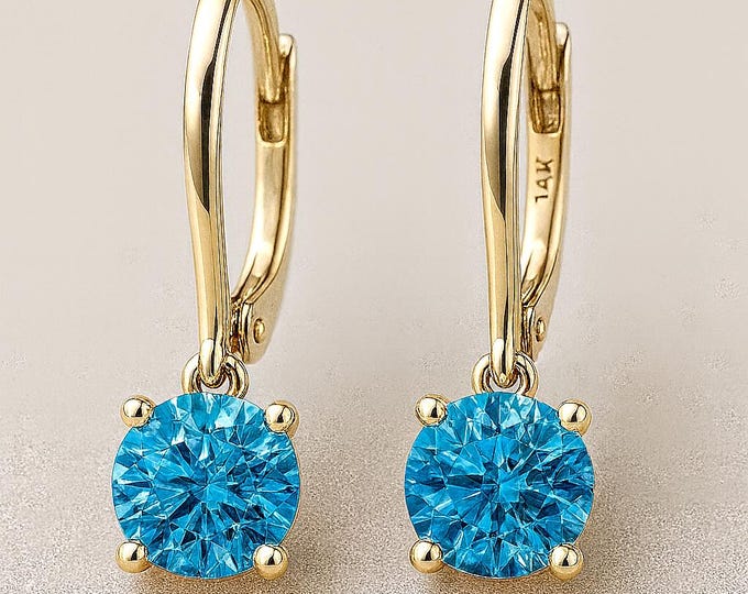 Natural Blue Topaz 14K Solid Gold Earring Lever Backing Solitaire Cut sold 1 pair.