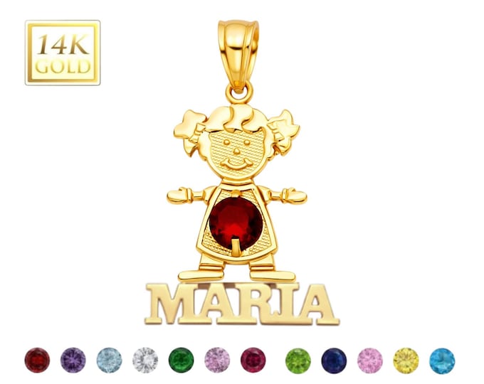 Girl Pendant Name 14K Yellow gold with Birthstone Colors, Birthday gift, girl , charm, initial.