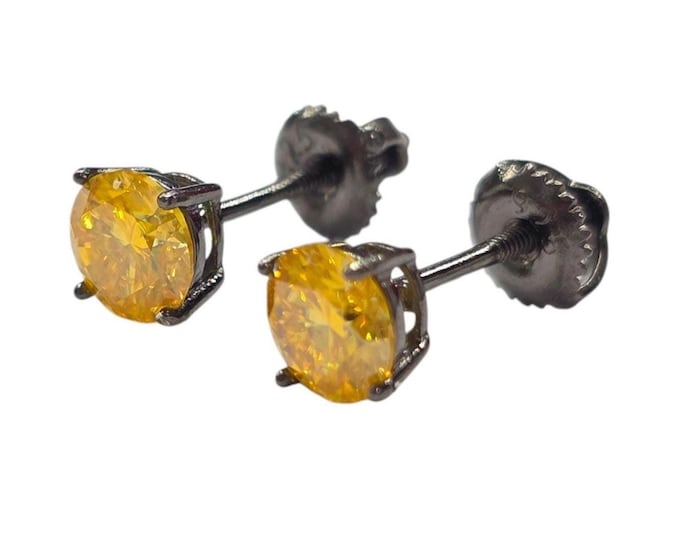 Moissanite Yellow Sterling Silver Round with Black Rhodium Black Stud Screw or Push Backing Thicker post Stud Earring 1 pair.