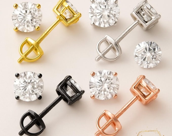 Moissanite Sterling Silver Round with Screw Backing Thicker post 2mm 3mm 4mm 5mm 6mm 7mm 8mm Men's Women's Stud Earring 1 pair.