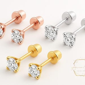Diamond 14K Solid Gold 2mm 3mm Genuine Diamond REAL Gemstone with Baby Screw Backing Solid Real Gold Dainty Small Stud Baby Earring