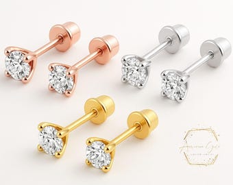Diamond 14K Solid Gold 2mm 3mm Genuine Diamond REAL Gemstone with Baby Screw Backing Solid Real Gold Dainty Small Stud Baby Earring