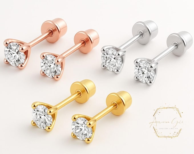 Diamond 14K Solid Gold 2mm 3mm Genuine Diamond REAL Gemstone with Baby Screw Backing Solid Real Gold Dainty Small Stud Baby Earring