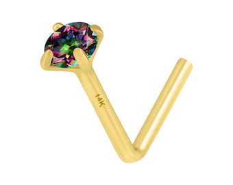 Moissanite 7 Colors 14K Solid Gold Nose Stud L shape or Twisted Crooked Screw 20 GA Pass Diamond tester.