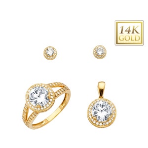 14K Gold  Halo Round CZ Collection , Real Gold , For women&#39;s Gift and Anniversary Gift , Pendant , Earring, Ring Sold Separately