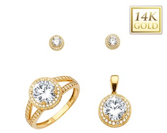 14K Gold  Halo Round CZ Collection , Real Gold , For women's Gift and Anniversary Gift , Pendant , Earring, Ring Sold Separately