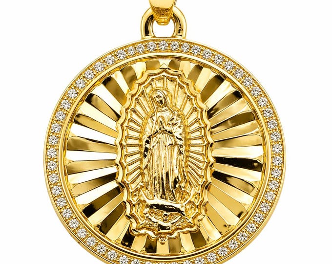 14K Yellow Gold Round Guadalupe CZ Pendant available in 3 sizes Religious Pendant Real Gold.