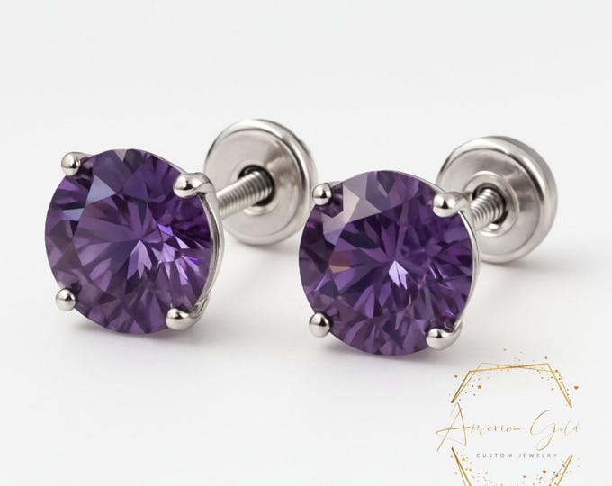 Lab Alexandrite 14K Real Yellow Gold Light Weight Gold sold in 1 Pair Round Solitaire Lab Alexandrite   Earrings stud.