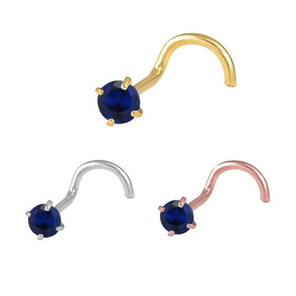 Blue Sapphire 14K Solid gold Blue Sapphire Nose Stud ,  14K Solid Gold in Twisted Crooked Screw, 20 GA, Nose Pin, Nostril, Nose Jewel