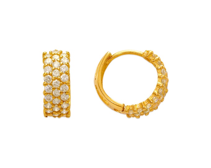 14K Real Gold 1 Pair with Hinged Available Fancy Huggie CZ Earrings NEW Women's Girl Earrings.
