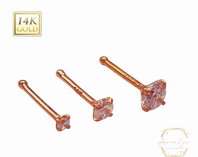 14K Rose Gold , Bone End Nose Stud, Diamond Nose Stud, Moissanite , Lab Diamond, Nose Stud 20 GA 1.50mm-3.50mm Gemstone Nose Piercing.