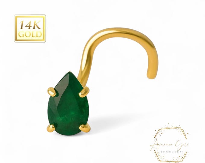 Pear Shape Emerald 14K Gold Nose Ring 20GA , optional gemstone , Post length 7mm, Nostril Stud , Nose Ring, Nose Emerald gemstone.