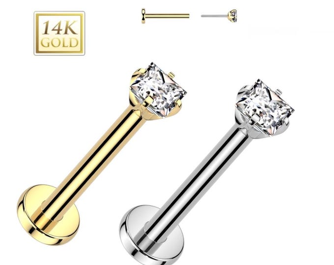 Princess Cut 14K Gold Threadless Push-in Labret 18 GAUGE, Flat Back Studs With Prong Set for Cartilage, Monroe, Nose Stud.
