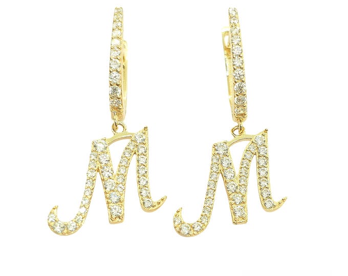 14K Solid Gold Small Initial Letter Block With Script  CZ Pave  Earring  Sold 1 pair Lever back.