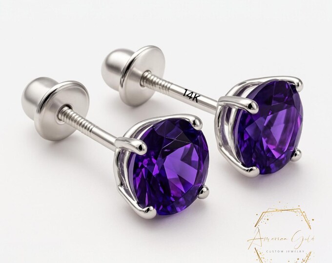 Natural Amethyst 14K Real Yellow Gold Light Weight Gold sold in 1 Pair Round Solitaire Amethyst  Natural Birthstone  Earrings stud.