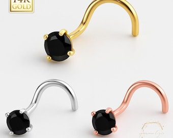 Natural Black Diamond 14K Gold Nose Stud ,  14K Solid Gold in Twisted Crooked Screw, 20 GA, Nose Pin, Nostril, Nose Jewel