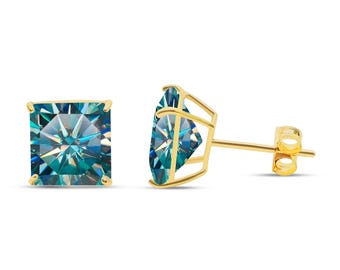 Green Moissanite 14K Real Yellow Gold Light Weight Gold sold in 1 Pair Square Princess Cut  Moissanite  Earrings stud.