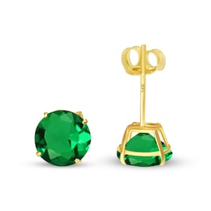 14K Solid Gold Green Emerald Earring May Birthstone Colors Push Backing Earring with 4 Prong Setting