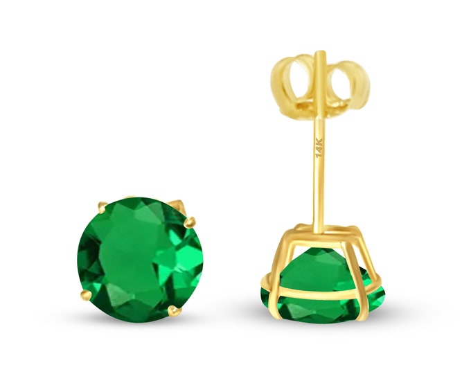 14K Solid Gold Green Emerald Earring May Birthstone Colors Push Backing Earring with 4 Prong Setting