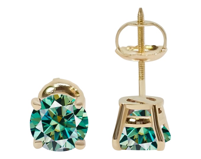 Cyan Blue  Moissanite 14K Real Yellow Gold Heavier Weight Gold sold in 1 Pair Round Solitaire Heavy Solid Gold Earrings stud.